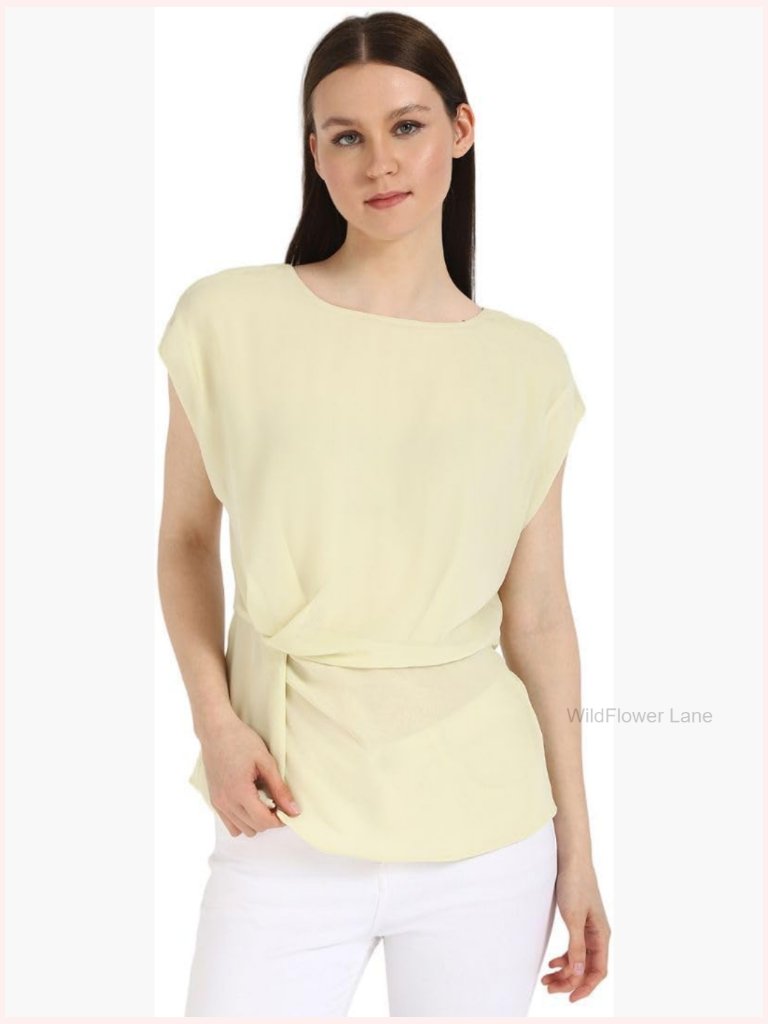 Chiffon Twist Front Blouse, Short Sleeve, Crewneck, Collared